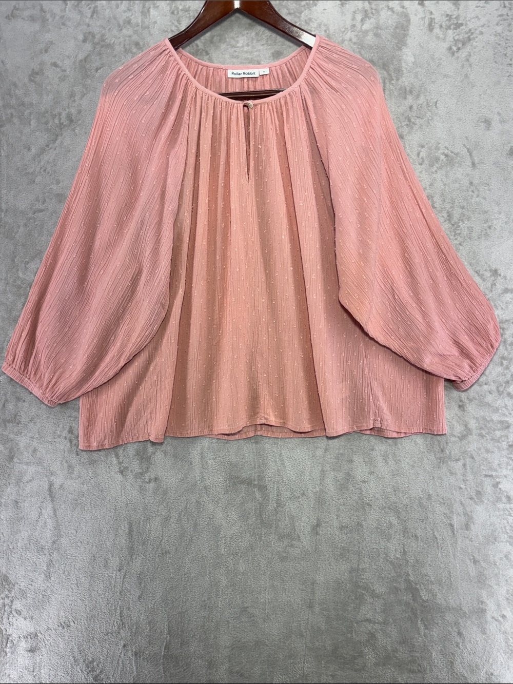 Roller Rabbit Blush Pink Pleated Balloon-Sleeve Swiss Dot Peasant Blouse Size XL